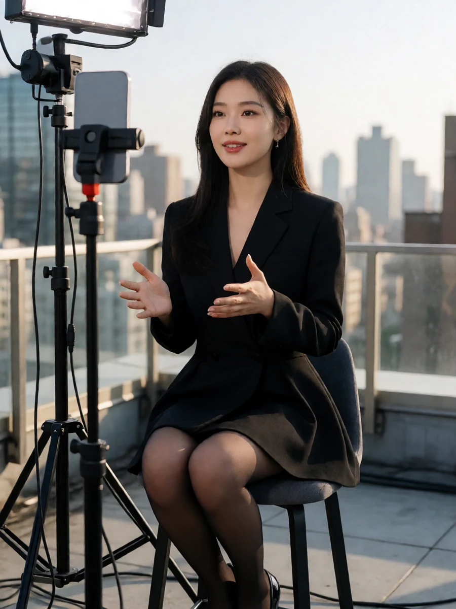 成年轻熟女主播在专业竖屏直播棚穿完整遮盖的黑色连衣裙、黑色丝袜与高跟鞋，坐在直播台旁回答观众问题，呈现性爱直播里的黑丝御姐问答节目