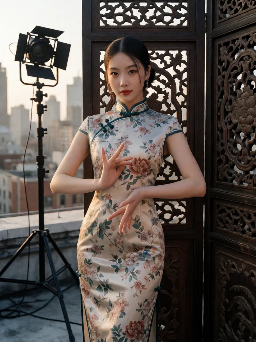 成年旗袍女主播在中式灯笼直播棚穿完整遮盖的修身旗袍，在雕花屏风前展示古典手势，呈现性爱直播里的旗袍才艺秀：城市天台直播架节目