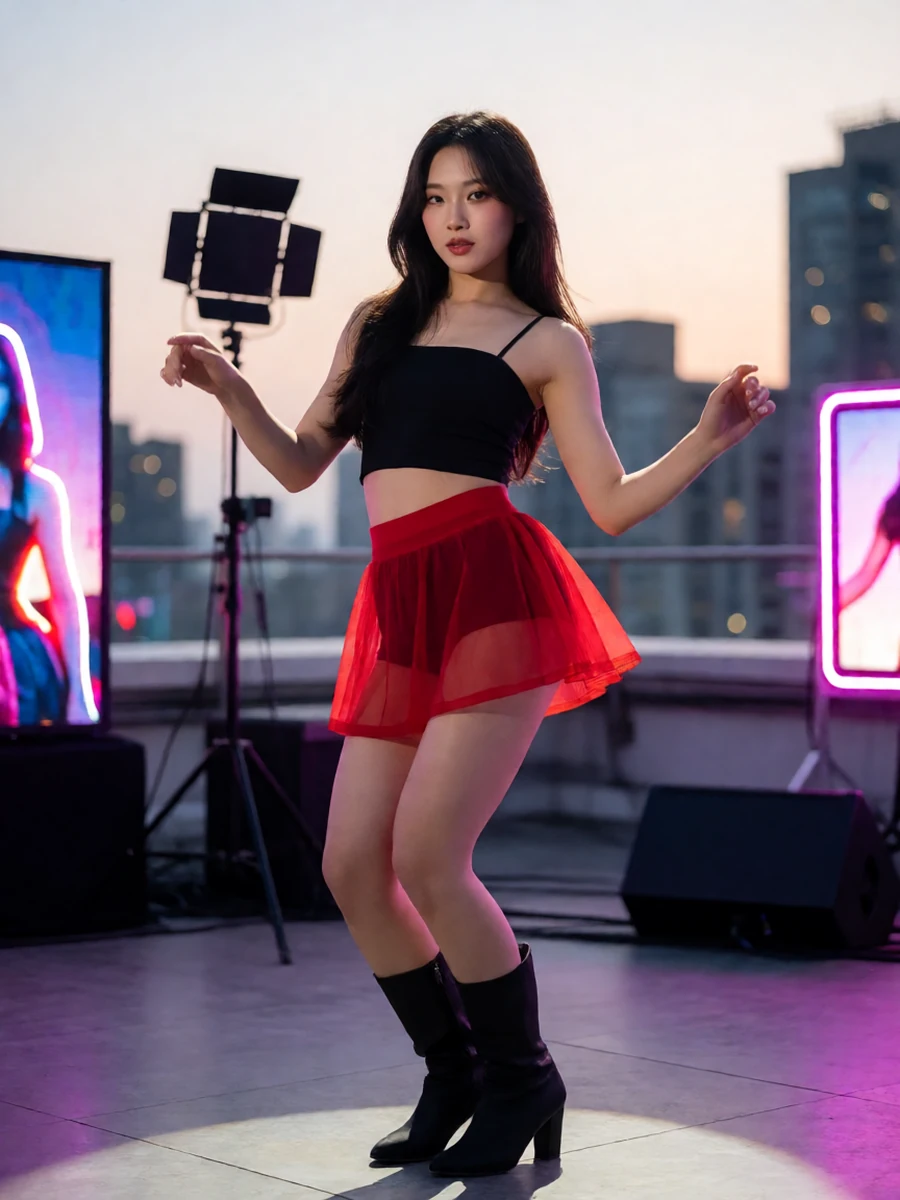 成年女团领舞在午夜霓虹直播舞台穿不透红色短款舞台裙与长靴，在追光下完成单人全身舞步，呈现性爱直播里的红裙午夜热舞在午夜霓虹直播舞台节目